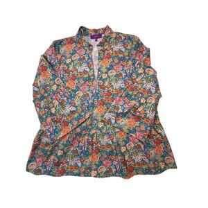 Made with Liberty Fabrics Floral Peplum Tunic 100% Cotton Blue Multicolor Sz L